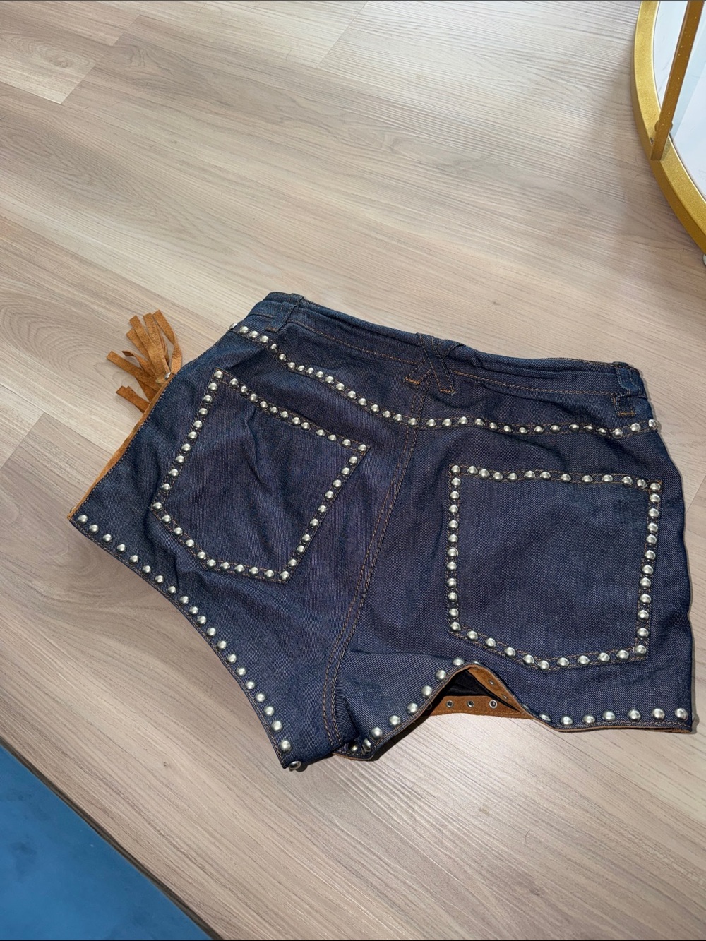 Nasty Gal Two-Tone Suede Fringe Jean Shorts - Brown & Dark Blue - Picture 2 of 2